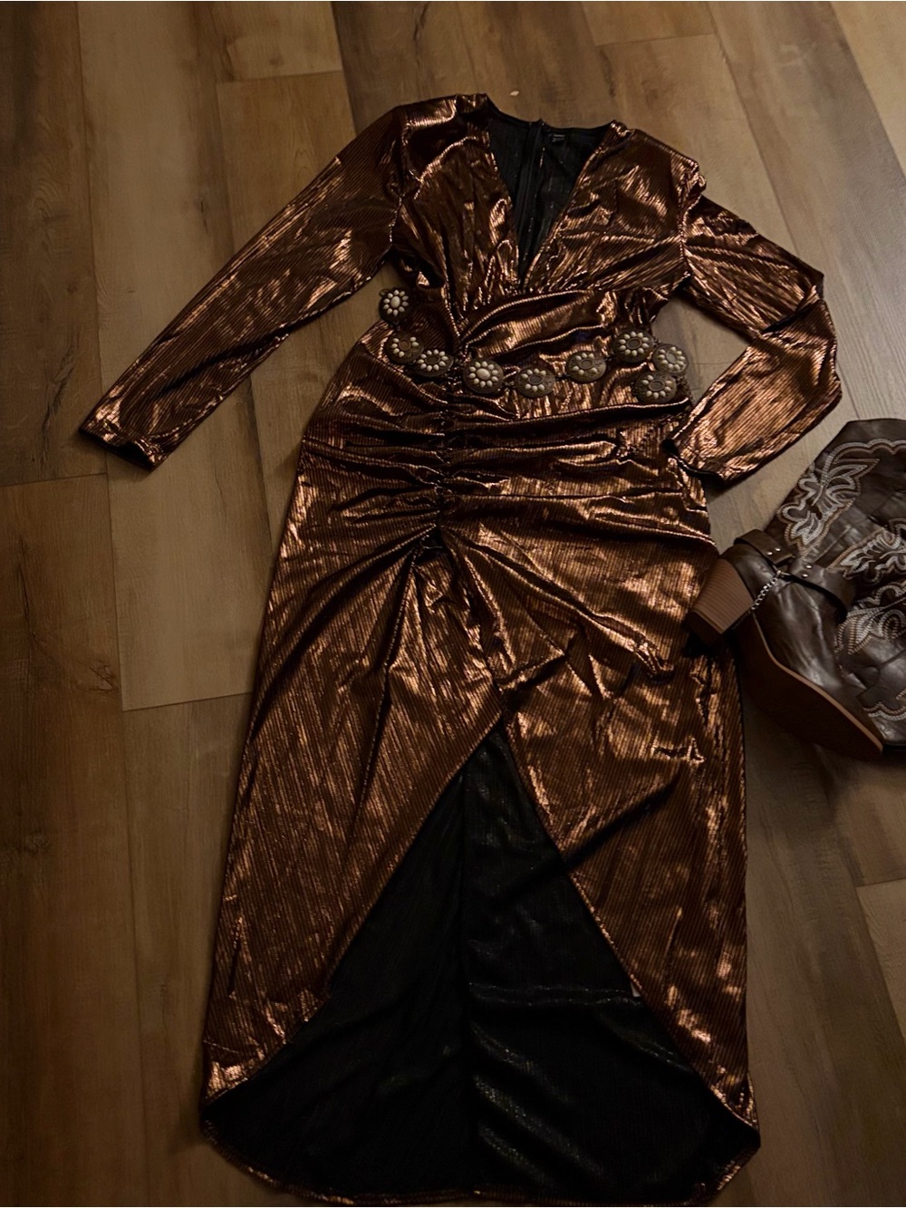 Metallic Copper Long Sleeve Ruched Maxi Dress